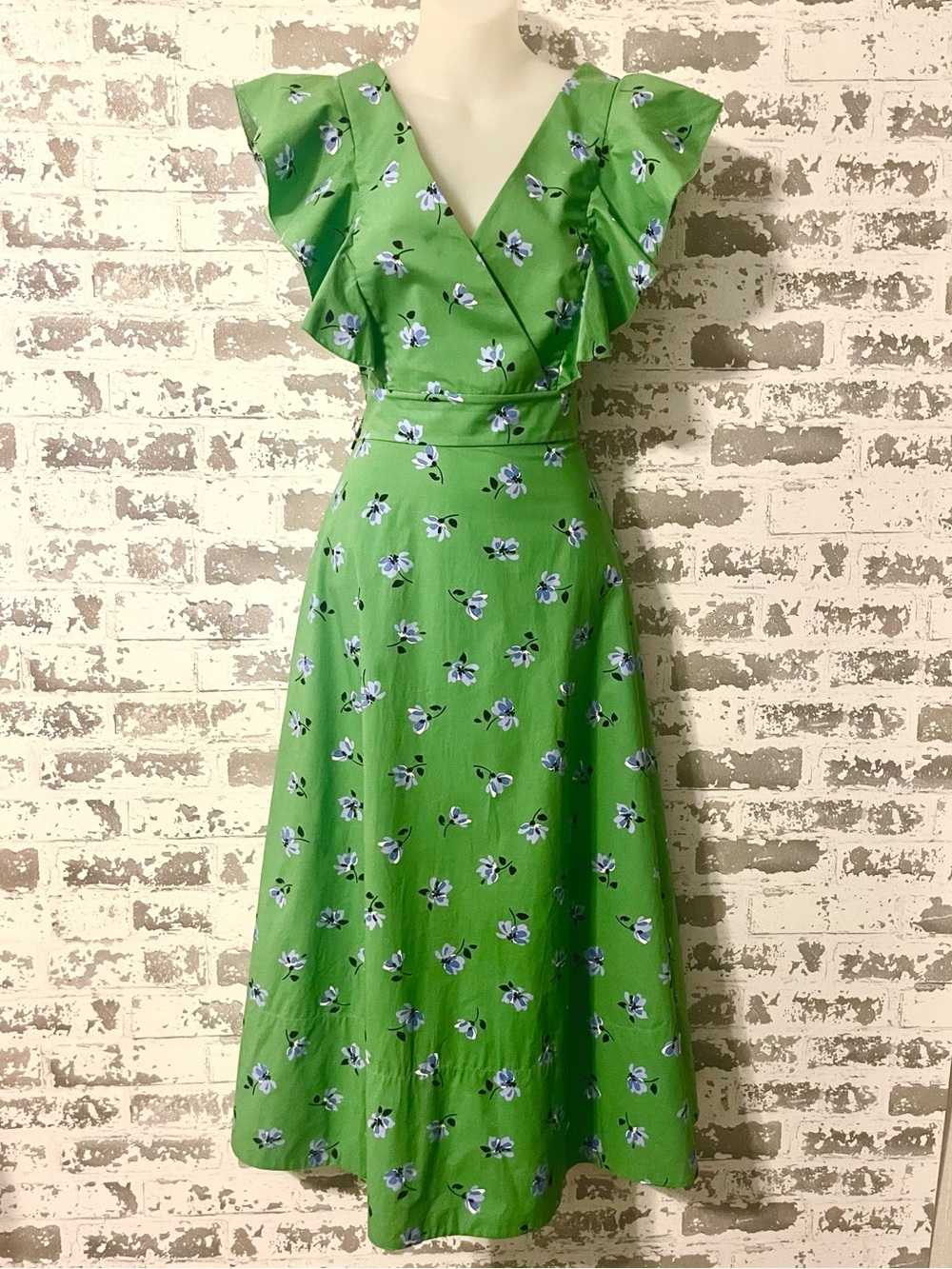 Kate Spade New York Green Tea Garden Toss Poplin Cotton Midi Dress Size 6